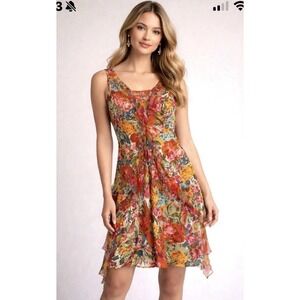 Sundance 100% Silk Dress Lined Sleeveless Floral Ruffles Multi-Color 16 Romantic